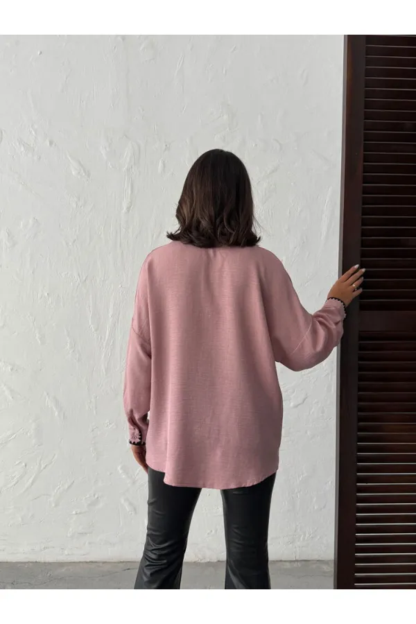 Topshow Powder Pink Black Embroidered Pocketed Linen Wholesale Shirts