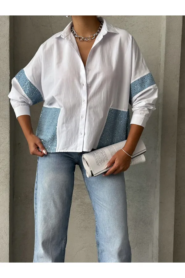 Sequined Denim Detailed Wholesale Shirt - Blue Dsn1 | TOPSHOW | F1725