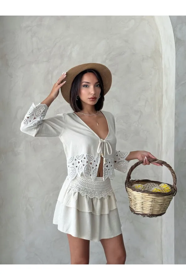 Guipure Detailed Skirt - Stone | Topshow