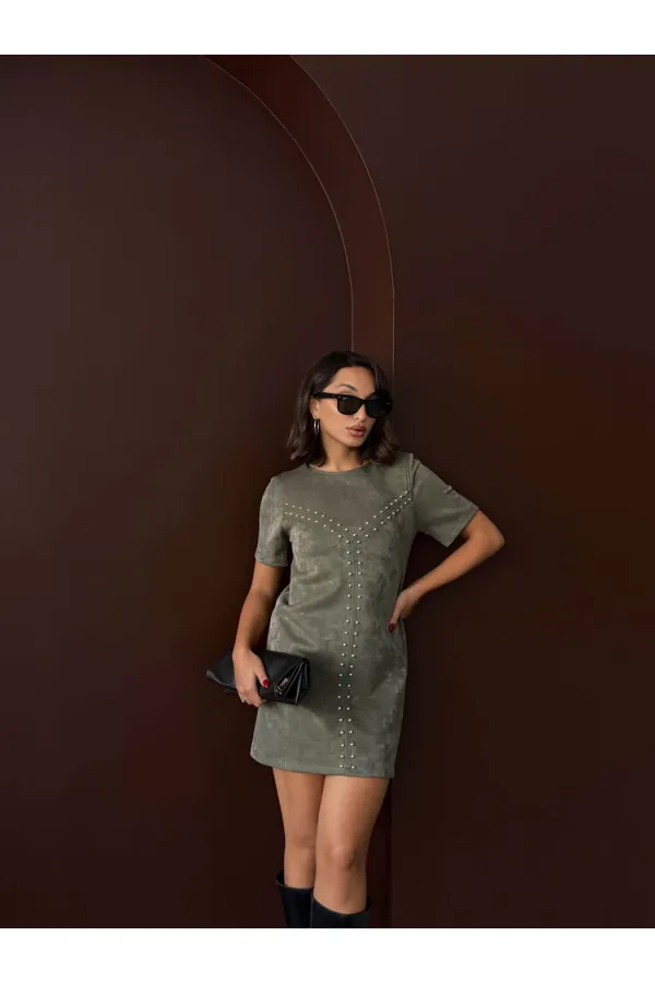 Topshow Droplu Süet Toptan Elbise - Haki | f2039