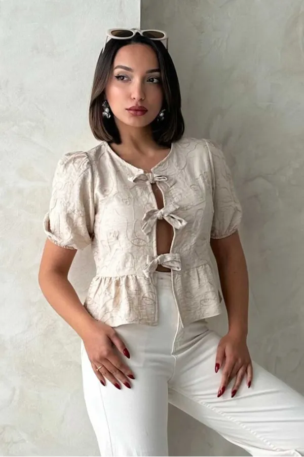 Önden Bağlamalı Nakışlı Toptan Bluz - Taş | Topshow