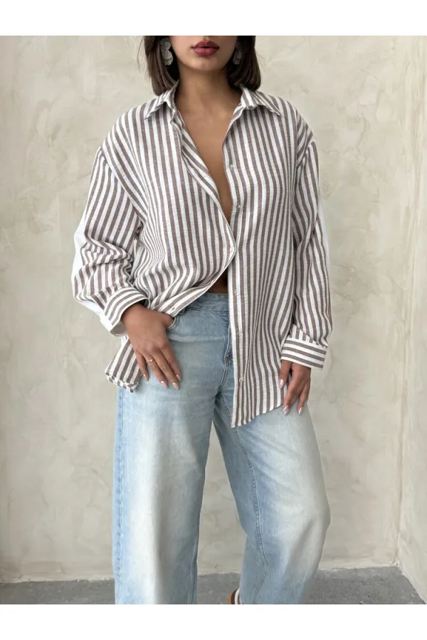 Chemise rayée en lin - Marron | Topshow | F1919