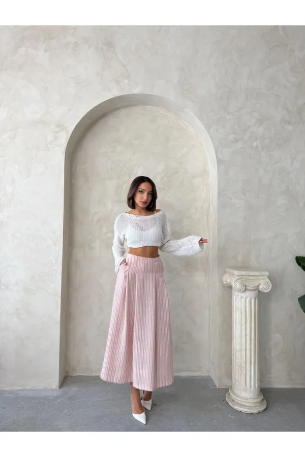 Çizgili Keten Etek - Koyu Pudra | Topshow | F1918
