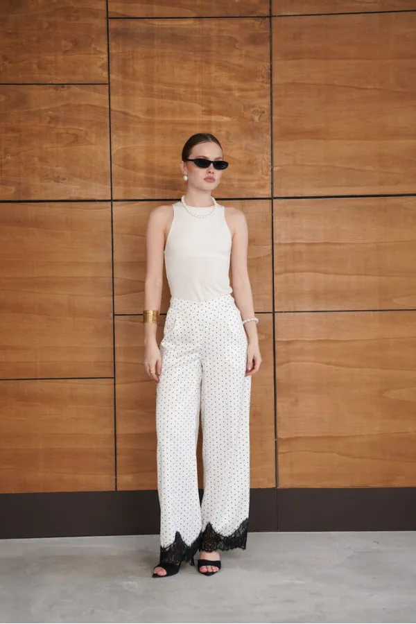 Polka Dot Satin Trousers with Lace Hem - Cream | D2970 - Topshow