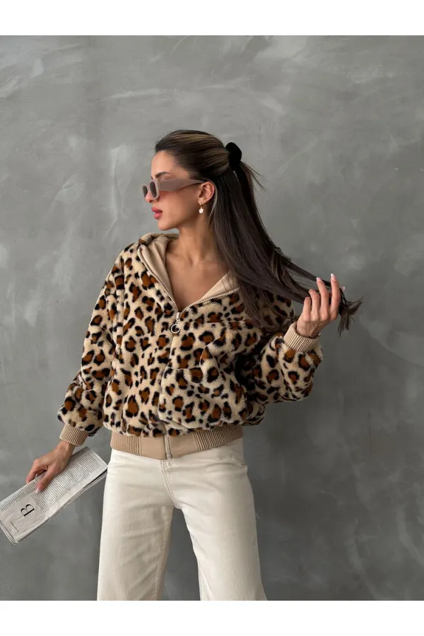 Leopar Bakılı Peluj Toptan Mont - Koyu Taş Leopar | TOPSHOW | F1650