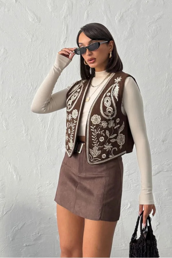 Topshow - Gilet en velours brodé en gros - Marron