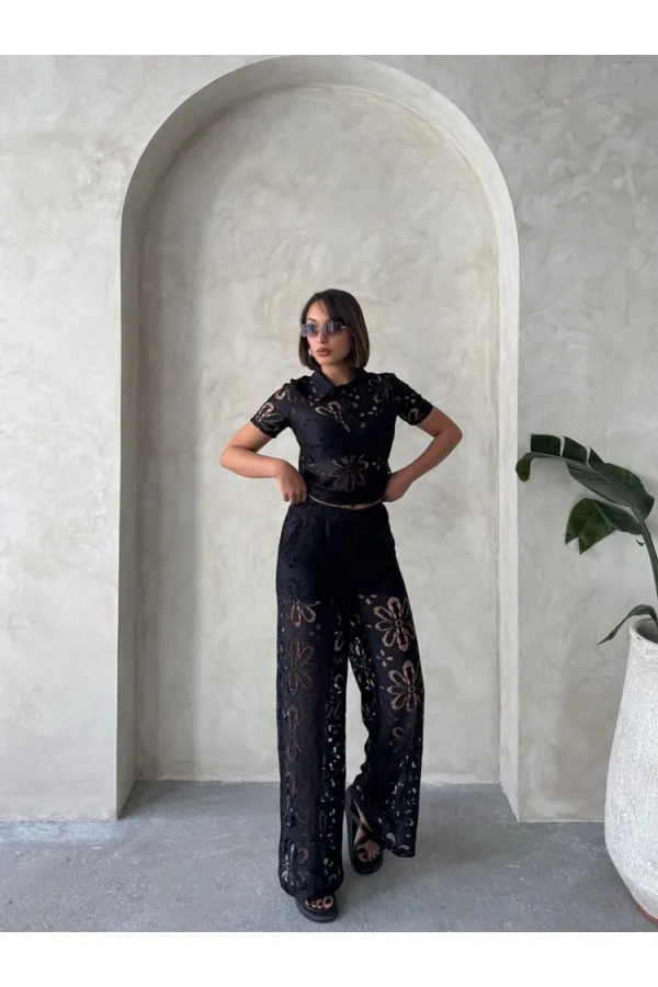 Toptan Gömlek Yaka Dantel Toptan Bluz - Siyah | Topshow