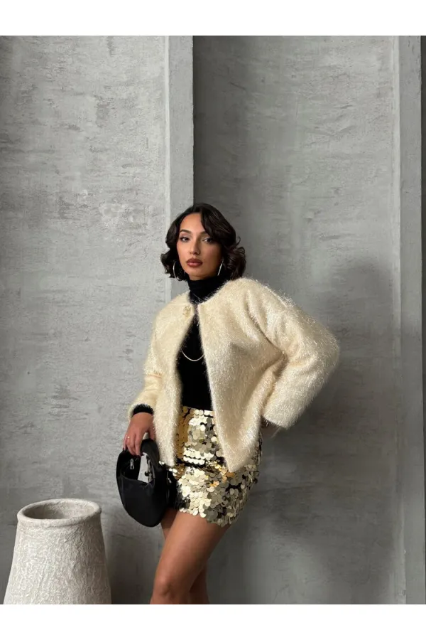 Simli Saçaklı Toptan Hırka - Krem | TOPSHOW | F1837