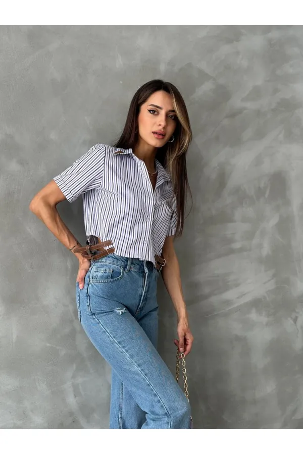 Topshow Mixed Belt Detailed Striped Wholesale Shirt