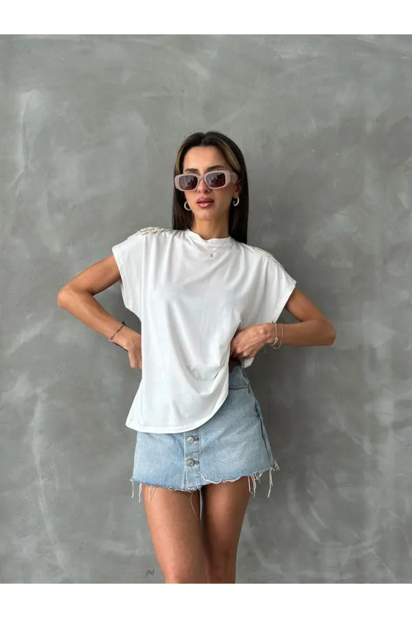 Topshow Krem Omuzu Dantelli Toptan T-Shirt