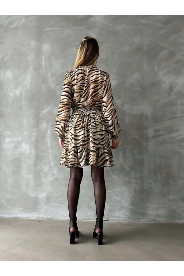 Leopar Çizgili Toptan Elbise - Taş | TOPSHOW | F1591