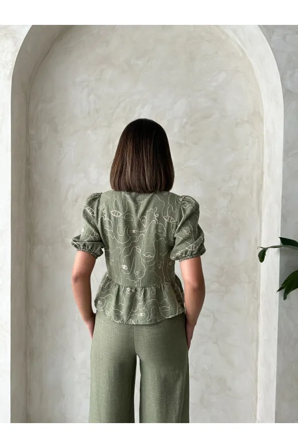 Önden Bağlamalı Nakışlı Toptan Bluz - Açık Haki | Topshow