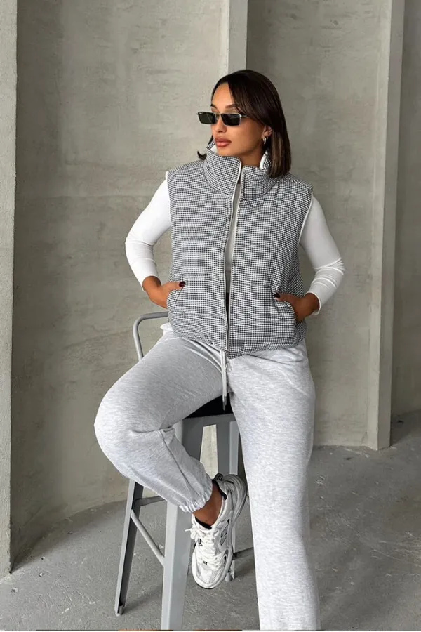 Doudoune sans manches Pitikare en fibre à motif noir (vente en gros) | TOPSHOW | F1741