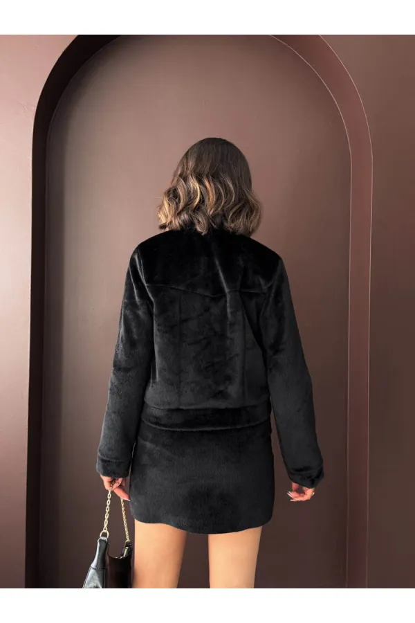 Topshow - Wholesale Plush Buttoned Coat - Black