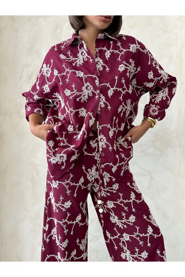 Chemise brodée - Rouge bordeaux | Topshow | F1951