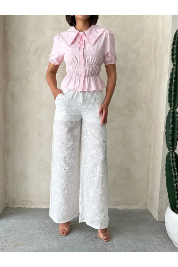 Nakışlı  Pantolon - Krem | Topshow