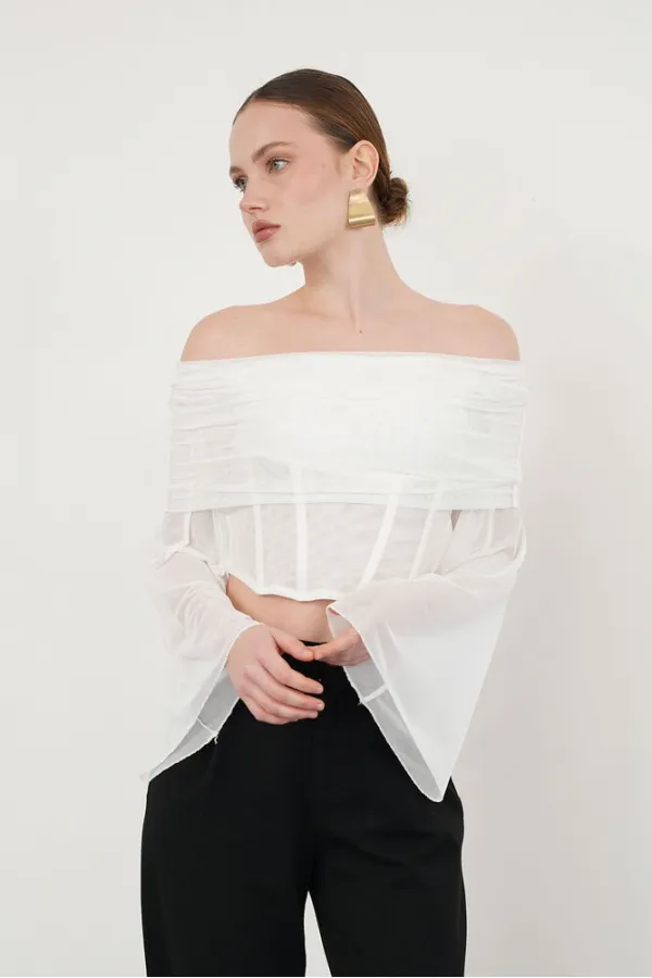 Long Sleeve Tulle Wholesale Blouse - Cream | D2977 - Topshow