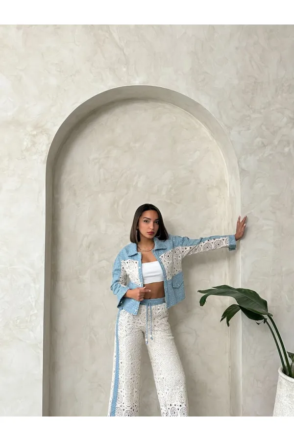 Veste en jean Topshow Blue DSN1 avec détails en dentelle (vente en gros) | F1758