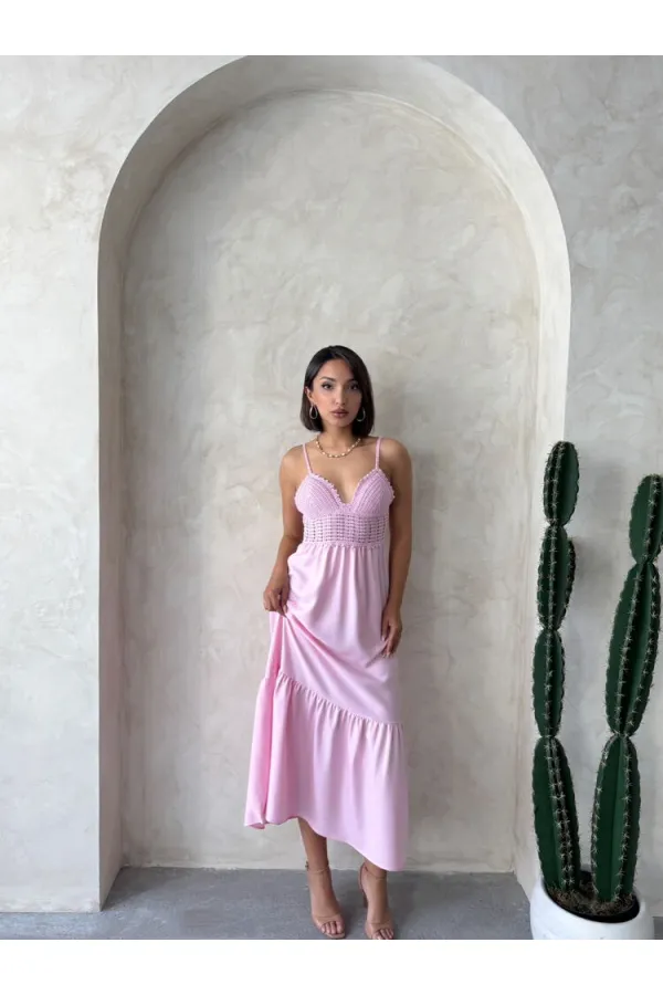 Robe longue en lin à bretelles et col en V - Rose | Topshow