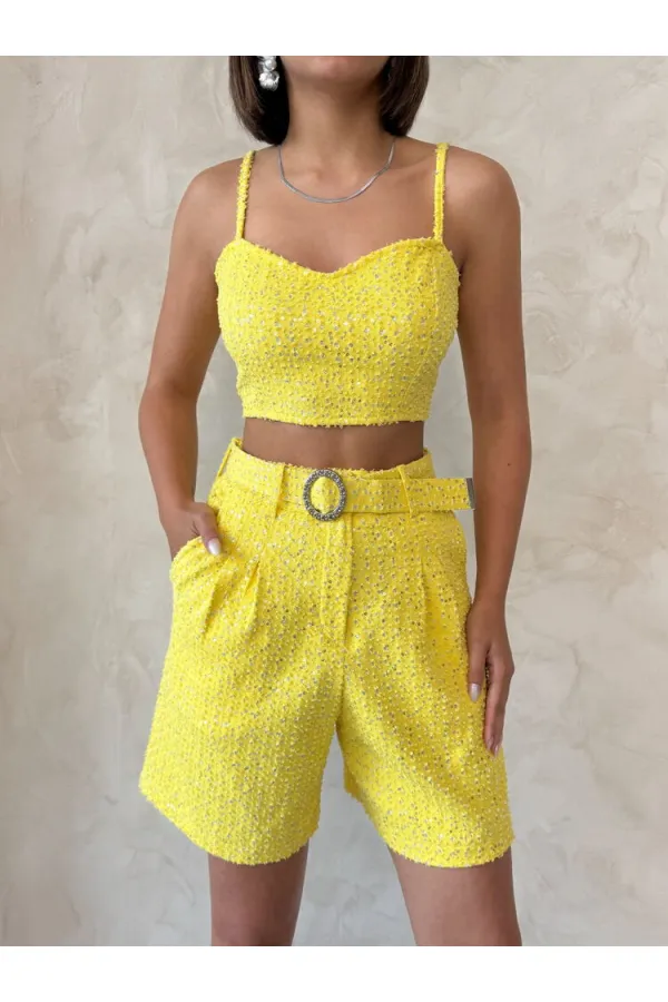 Shorts en jean à paillettes jaunes en gros | Topshow