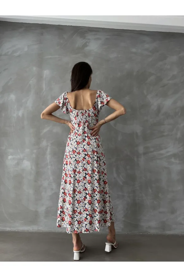 Topshow Kırmızı Çiçek Baskılı Toptan Elbise