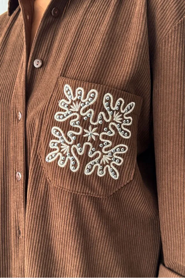 Topshow - Wholesale Embroidered Corduroy Shirt with Pocket - Brown