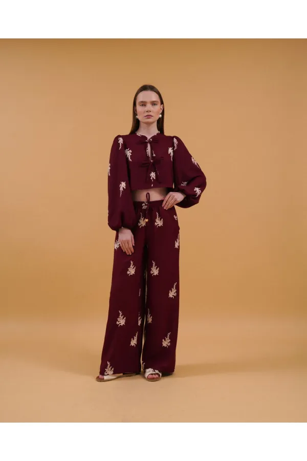 Front-Tie Embroidered Wholesale Blouse - Claret Red | Topshow | F1711