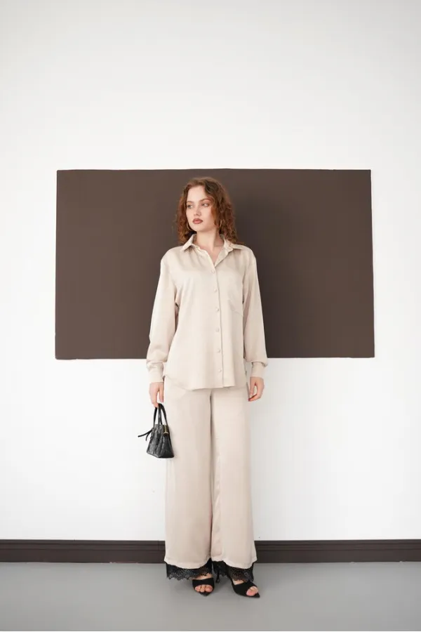 Pleated Hem Lace Up Wholesale Trousers - Stone | F2102 - Topshow