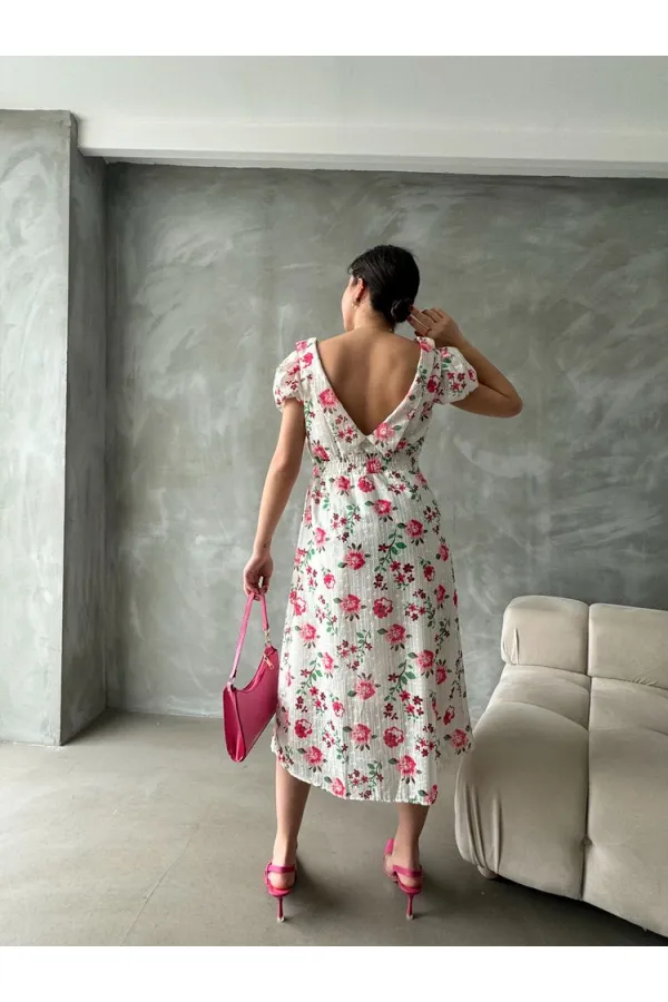 Topshow Fuchsia Embroidery Detailed Patterned Wholesale Dress