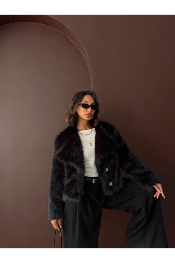 Topshow - Manteau boutonné en fourrure de lapin en gros - Noir