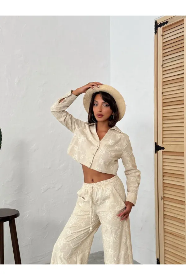 Süzüne Nakışlı Gömlek - Taş | Topshow | F1926