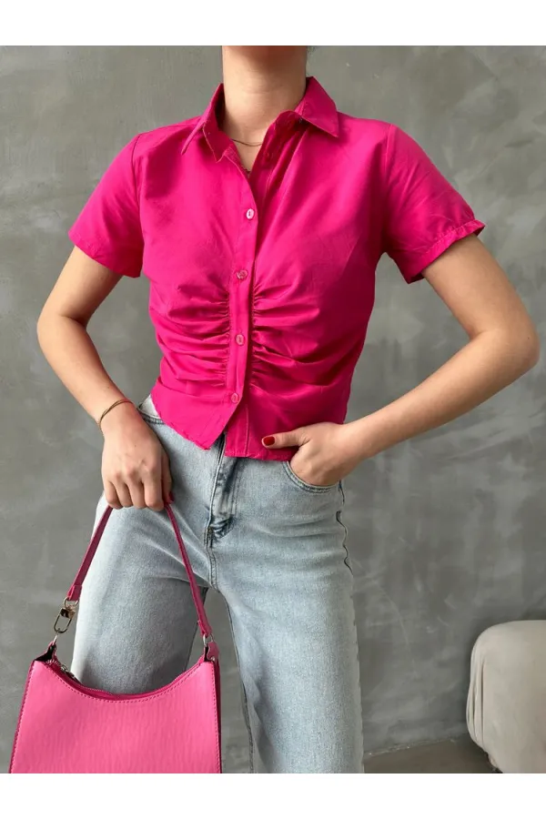 Topshow Fuchsia Gipel Front Gathered Wholesale Blouse