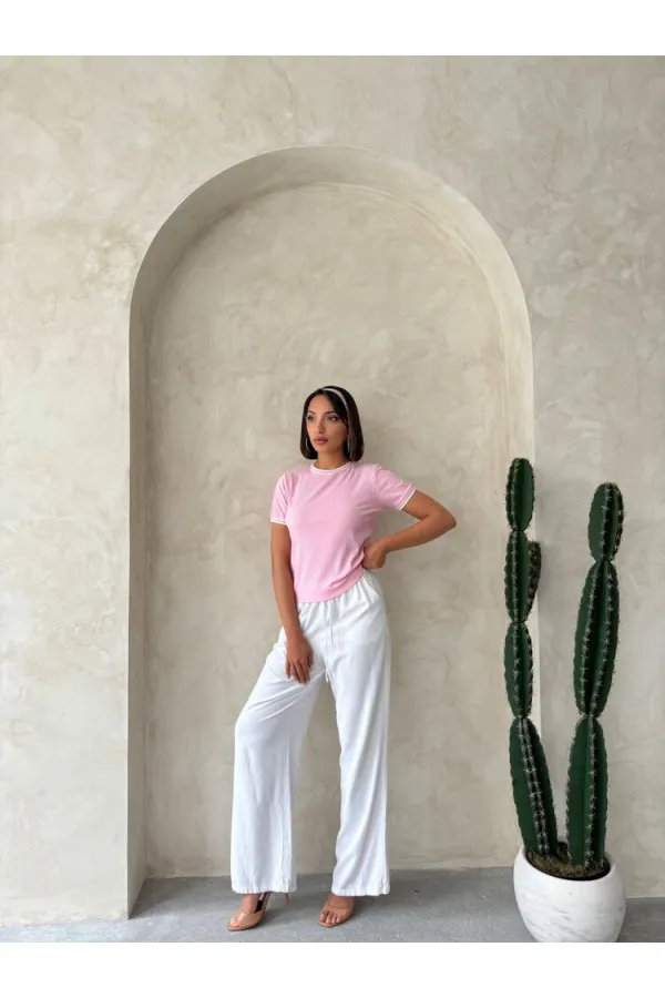 T-shirt à col rond rose crème | Topshow