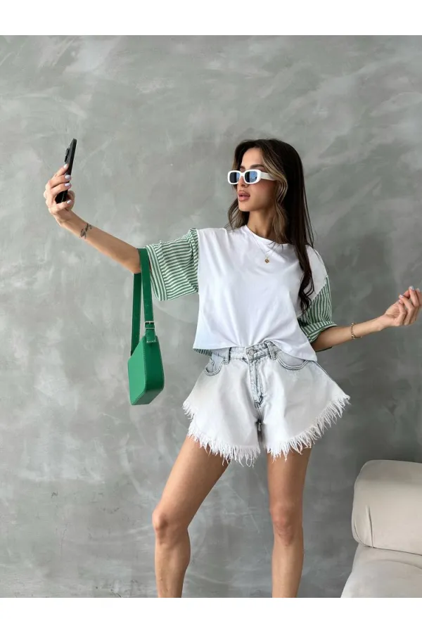 T-shirt à manches en popeline rayée émeraude Topshow en gros