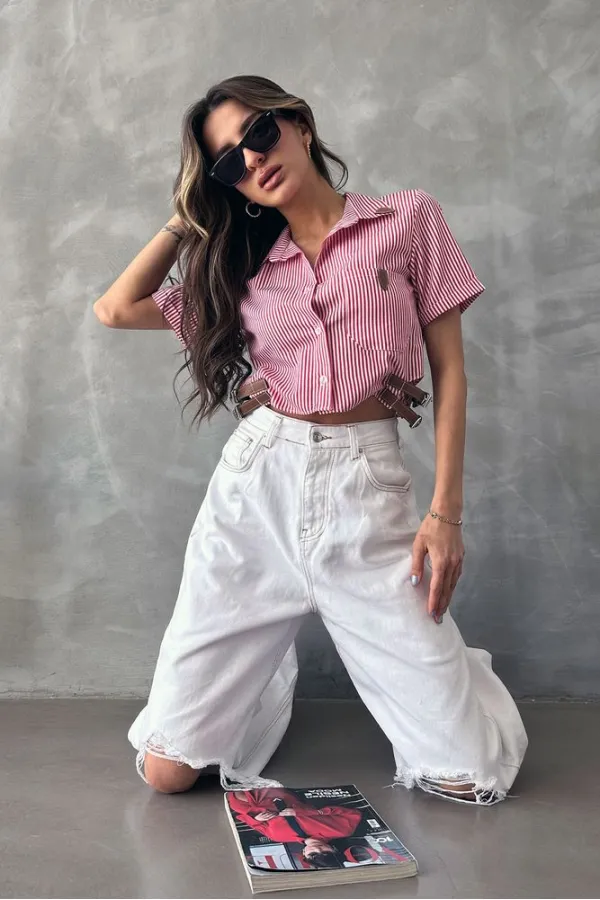 Topshow Red Striped Belt Detailed Striped Wholesale Shirt