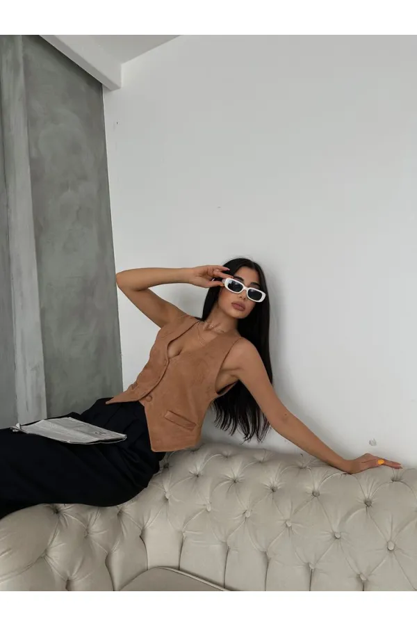 Gilet en daim en gros - Beige | TOPSHOW | f1528