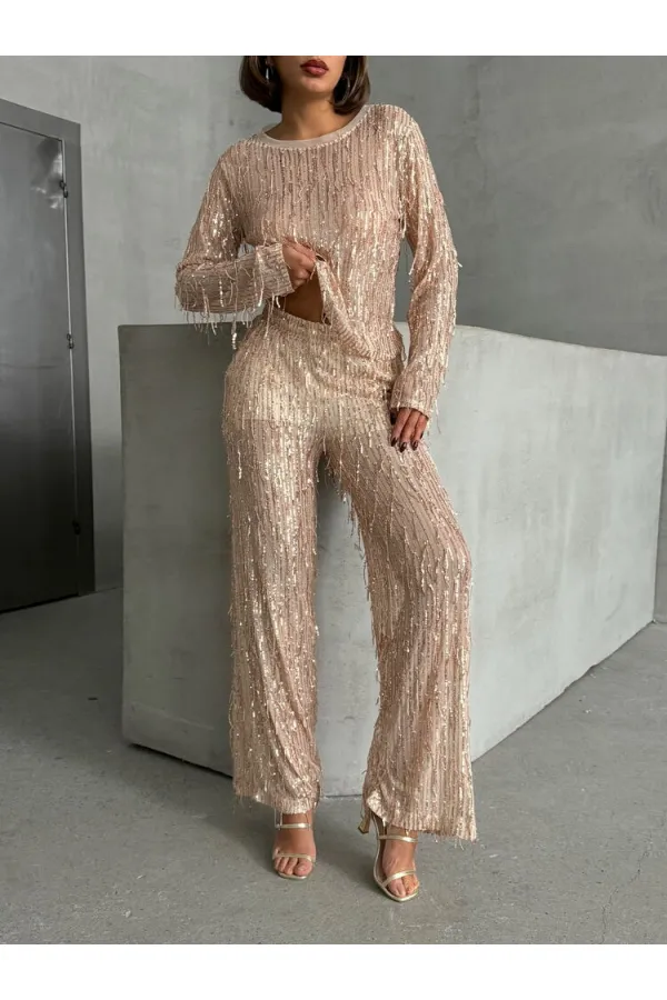 Pullu Tül Toptan Pantolon - Taş Gold | TOPSHOW | F1611