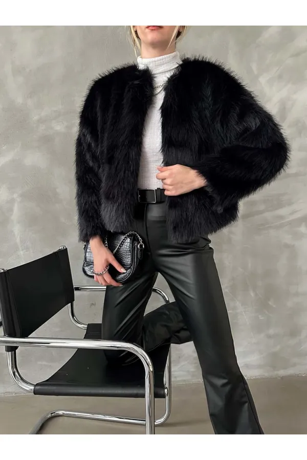 Topshow Siyah Suni Kürk Toptan Ceket | F1615