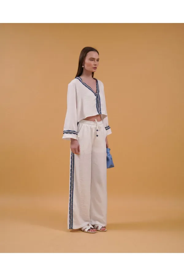 Denim Striped Wholesale Trousers - Cream | Topshow | F1890