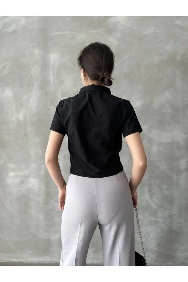 Topshow Black Gipel Front Gathered Wholesale Blouse