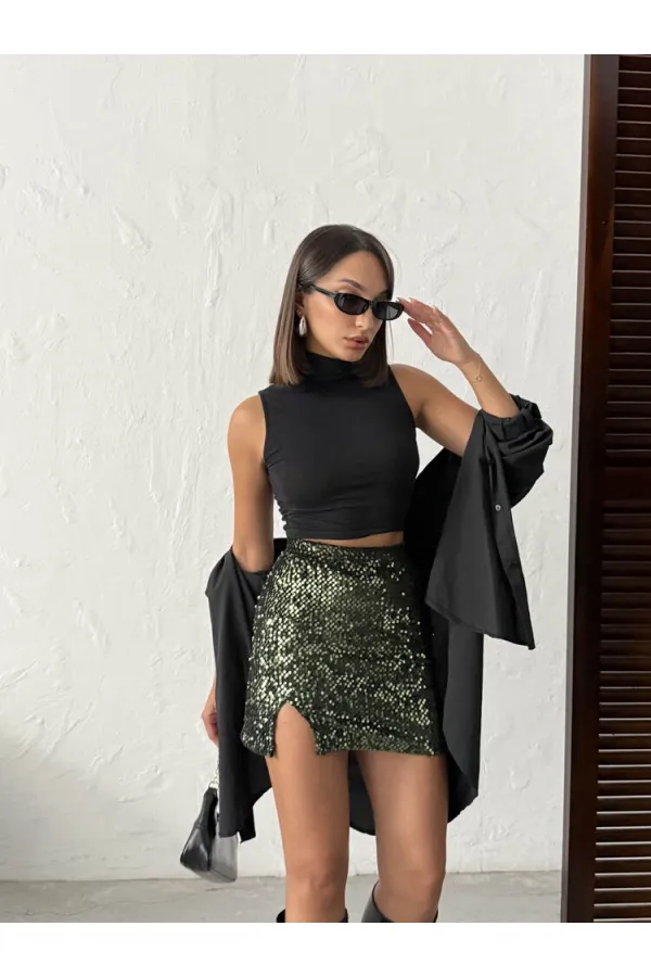 Topshow Sequined Velvet Mini Skirt - Khaki | F2054
