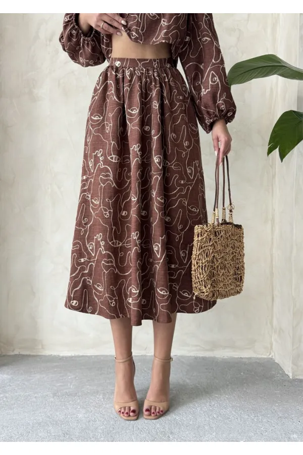 Nakışlı Toptan Etek - Kahve | Topshow | F1901