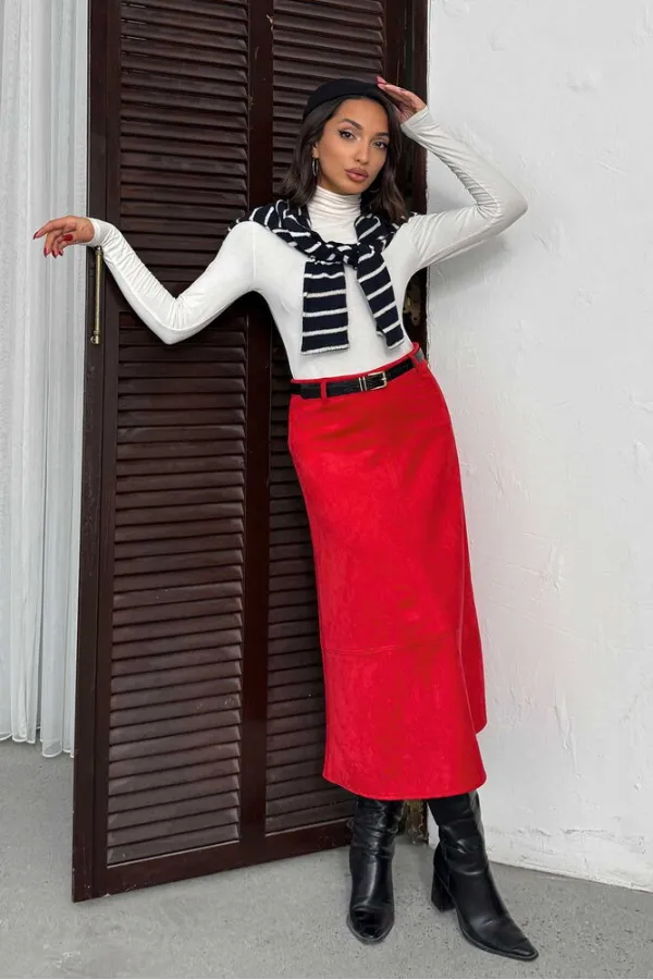 Topshow Scuba Suede Wholesale Skirt - Red | F2004