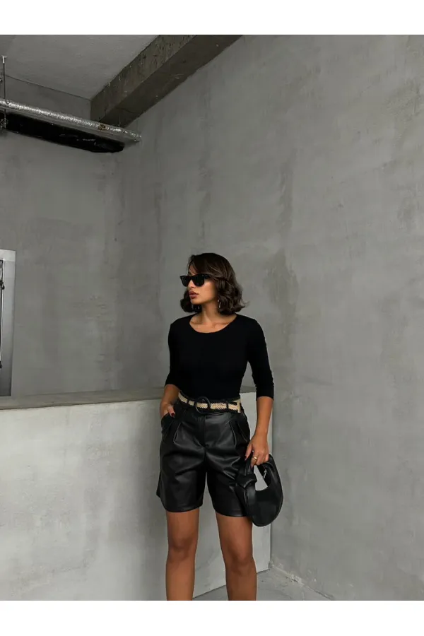 Kemerli Deri Toptan Şort - Siyah | TOPSHOW | F1497