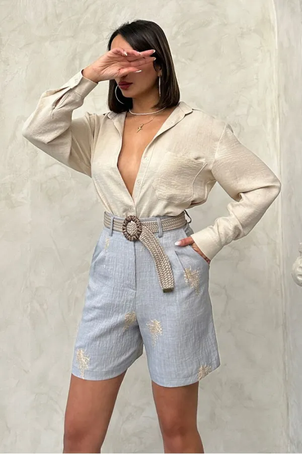 Kemer Detaylı Nakışlı Keten Şort - Gri | Topshow