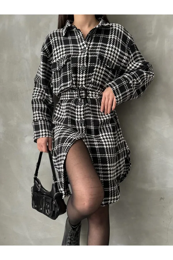 Kazayağı Ekose Toptan Elbise - Siyah Ekose Kazayağı | TOPSHOW | F1118