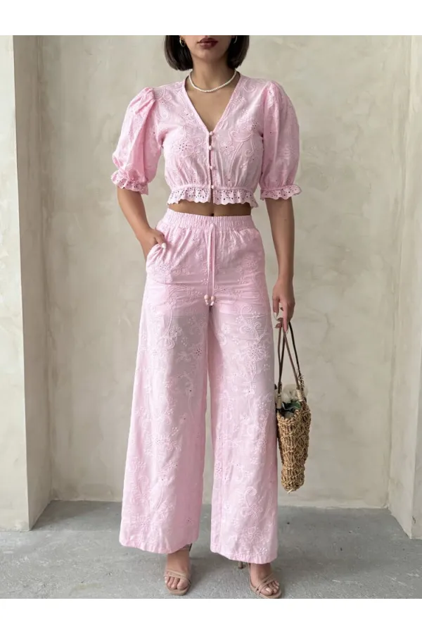 Nakışlı  Pantolon - Pembe | Topshow