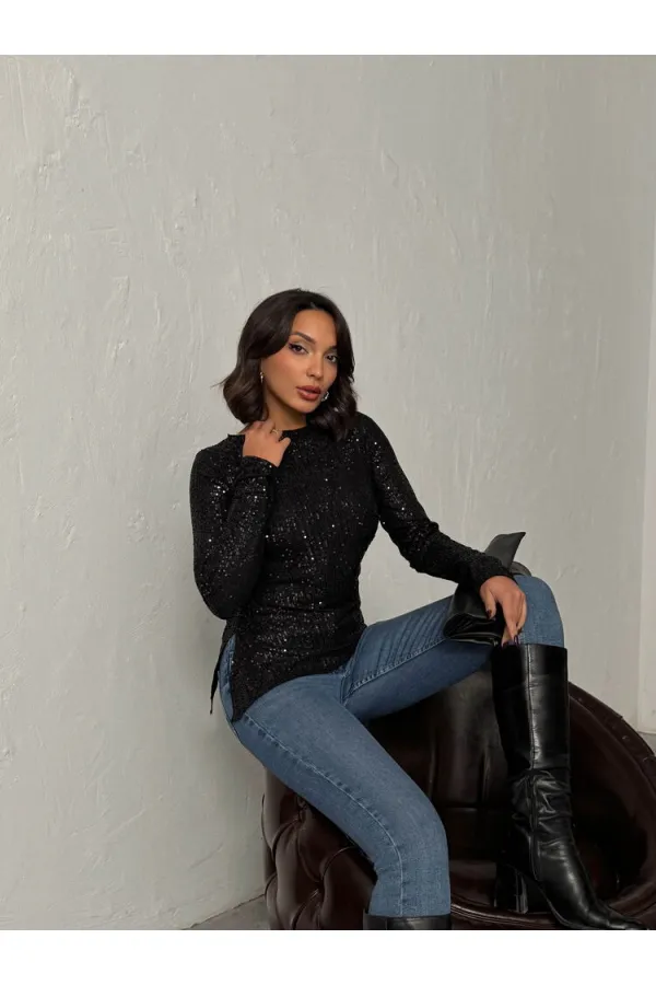 Blouse à manches longues à sequins brillants - Noir | F2060