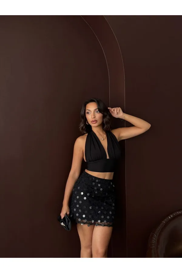 Topshow Pul Detaylı Abiye Mini Etek - Siyah | F2011