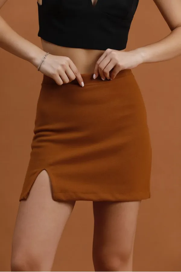 Jupe courte fendue et détaillée en gros - Marron | TOPSHOW | F1351